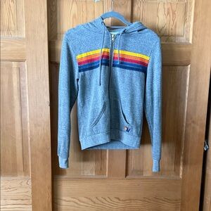 Aviator Nation Gray Hoodie with Rainbow Chest Stripes